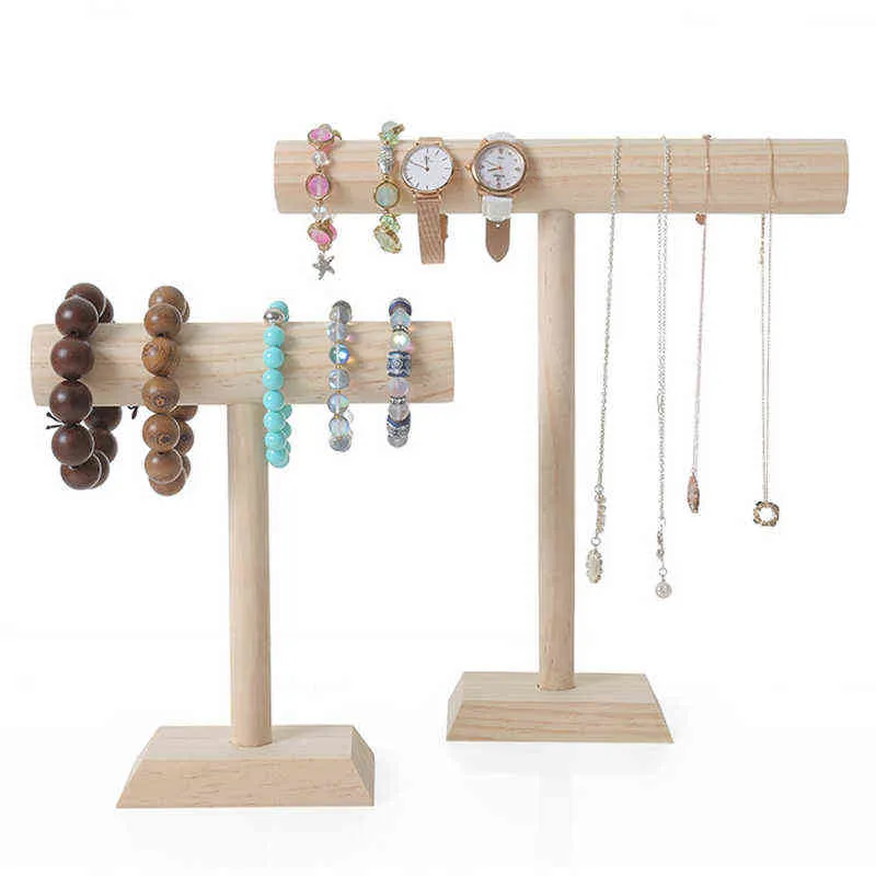 Portable Hard Wooden Bracelet Chain T-Bar Rack Jewelry Display Stand for Bangle Watch Necklace Home Organization Holder Showcase 2240n