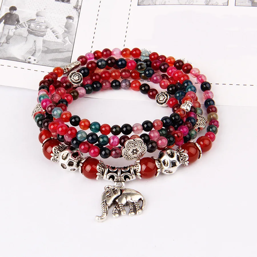 Natural Garnets Agate Strands Multilayer Baby Elephant Pendant Mix colors Beads Beaded Bracelet Fashion Jewellery Whole260v