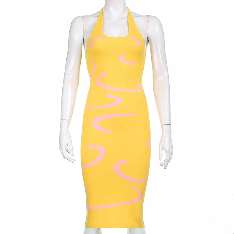 Tryckt stickad sommar sexig backless lång halter klänning ärmlös fest klänningar för kvinnor bodycon slim casual sundresses beach 210510