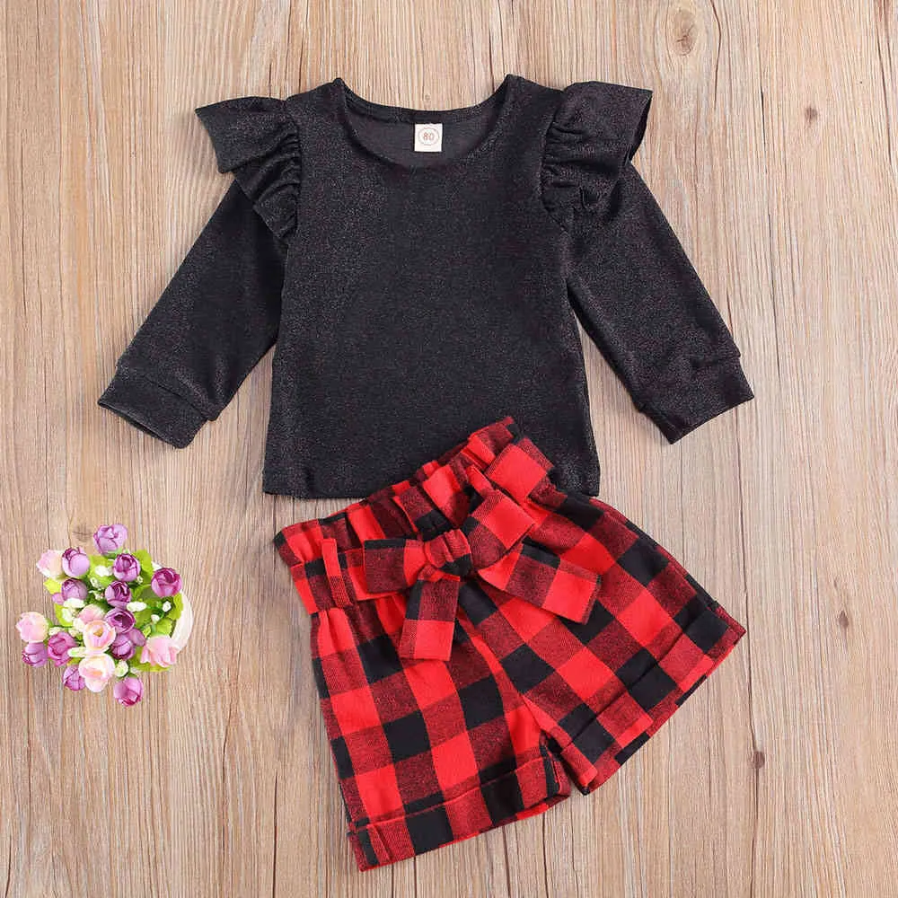 1-5y Toddler Kid Girls Christmas Ubrania Zestaw Ruffles Z Długim Rękawem T Koszula Topy Bow Plaid Shorts Xmas Red Stroje 210515