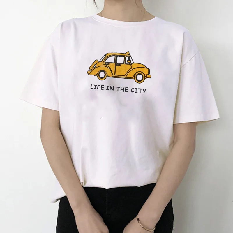 Şehirde Hayat Araba Grafik Tee Kore Moda Kawaii Sevimli Unisex Erkek Kadın T-shirt Tumblr Boy Rahat Komik Yaz Tops 210518