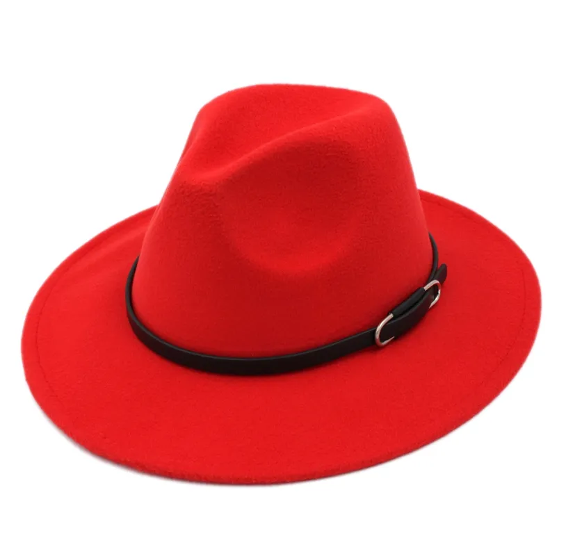 Classique unisexe Chapeu Fedora Stiff Wide Brim Panama Hat Jazz Gangster Trilby Churh Caps Ceinture en cuir marron