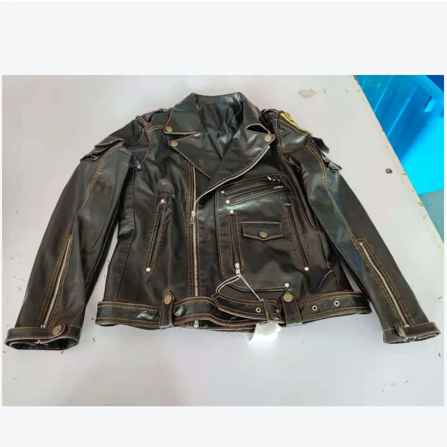 Klassische Motorrad Lederjacken Herren Frühlingsmantel Jacke Slim Multi Pocket Reißverschluss Mantel Feste Farbe Echtes Leder Mantel