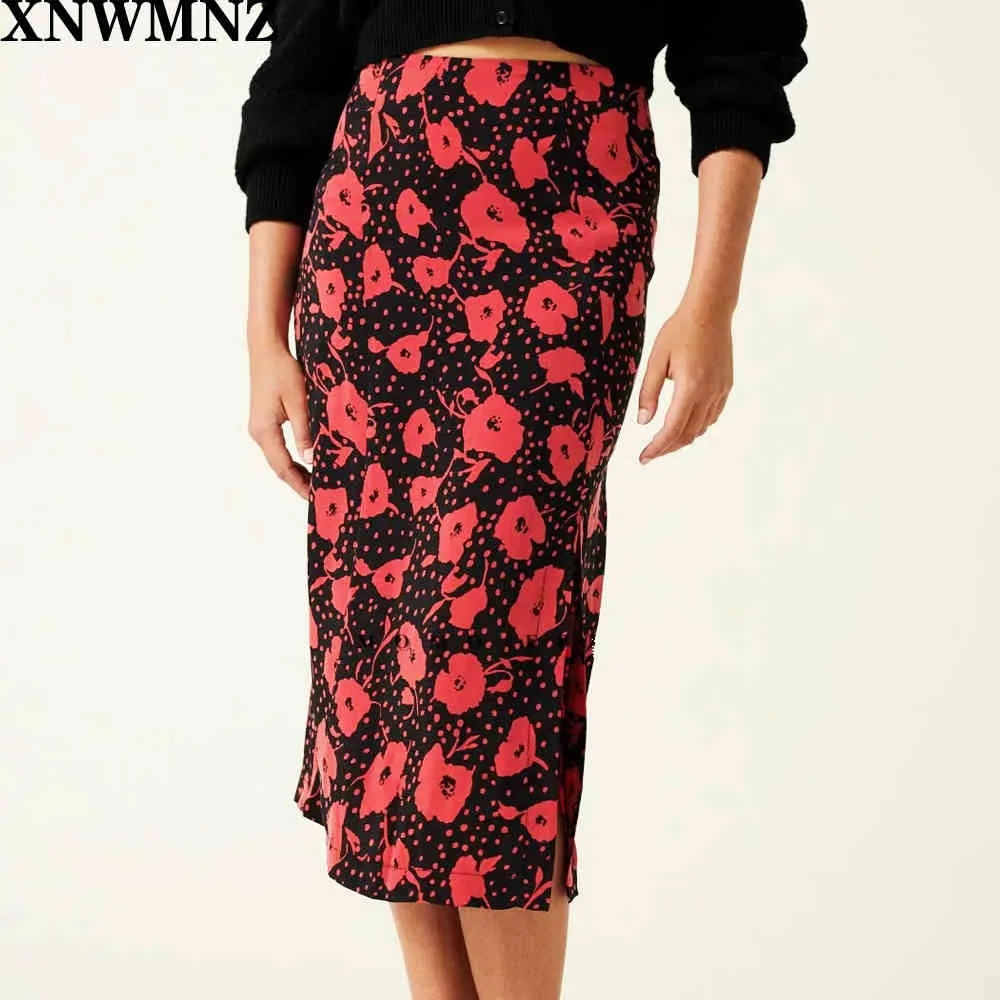 Vintage Split Women Skirts Midi Casual Red Floral Print France Black 210520