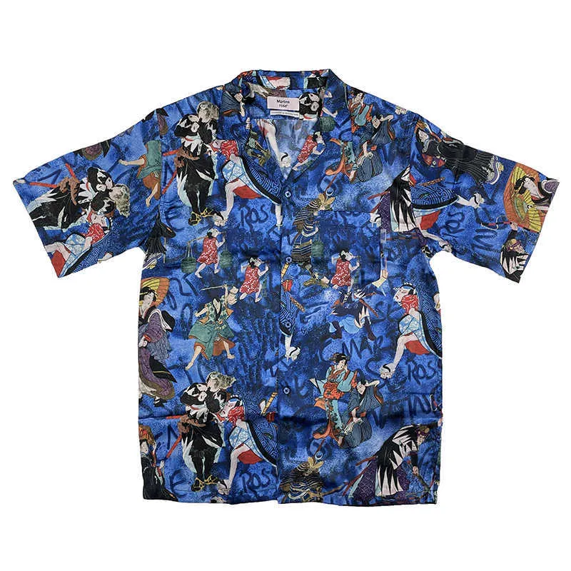 Mäns Casual Shirts / Marine 21s Rose Japanese Geisha Print Style Loose Short Sleeve Hawaiian Shirt