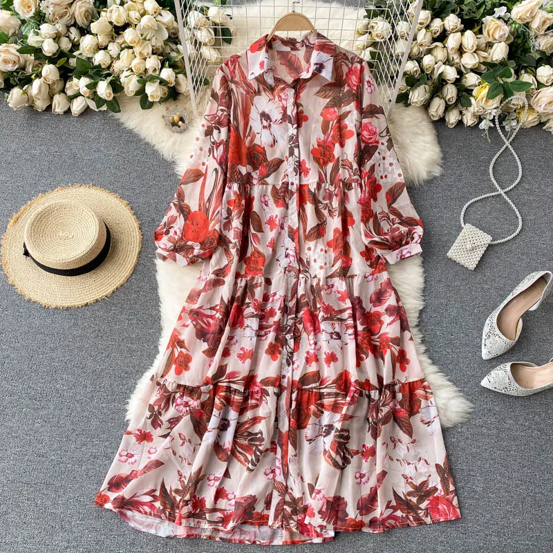 Sommar kvinnors chiffong print maxi tröja klänning sundresses solskydd kläder semester röd långärmad lös strand 210514