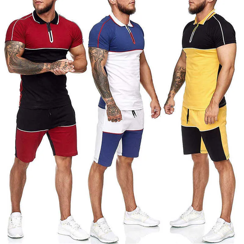 Pantaloncini casual da uomo estivi Set di polo con giunzioni abbinate a colori Camicia a maniche corte da uomo Tuta da uomo Pantaloncini sportivi Tuta da uomo X0909