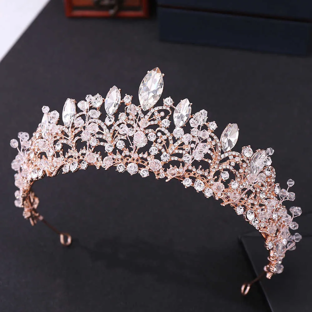 Baroque Luxury Rose Gold Crystal Beads Heart Bridal Tiaras Crown Big Pageant Diadem Headband Wedding Hair Accessories 210701