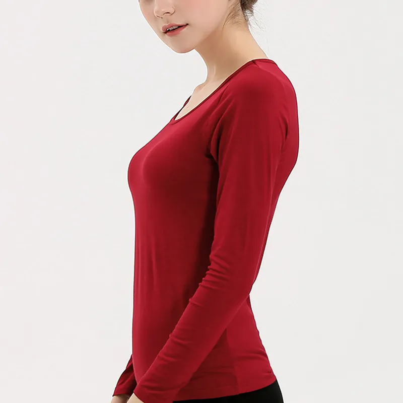 Kadın Tişörtler Buili Sütyenli Yastıklı Gerilebilir Modal Üstler Tshirts Uzun Kollu Sade Seksi Sıradan Kore Bahar Sonbahar 210317