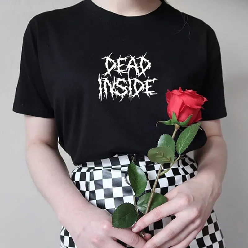 Funny T Shirt Women Dead Inside Quotes Gothic Harajuku Aesthetic Grunge Style Black Tees Cotton Short Sleeve Tops Goth Clothes 210518