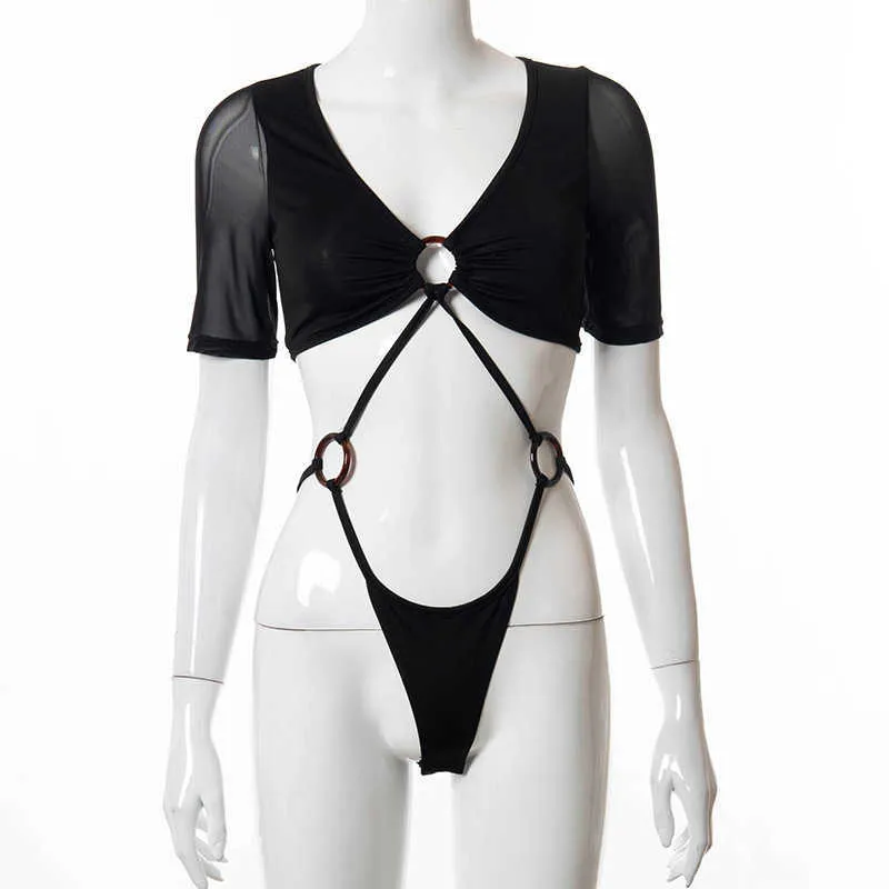 Perspective Mesh Crop Top Crop Top Hollow Out Bodys Sexy G-String 1 pièce Femmes Combinaisons Party Club Vêtements 210604