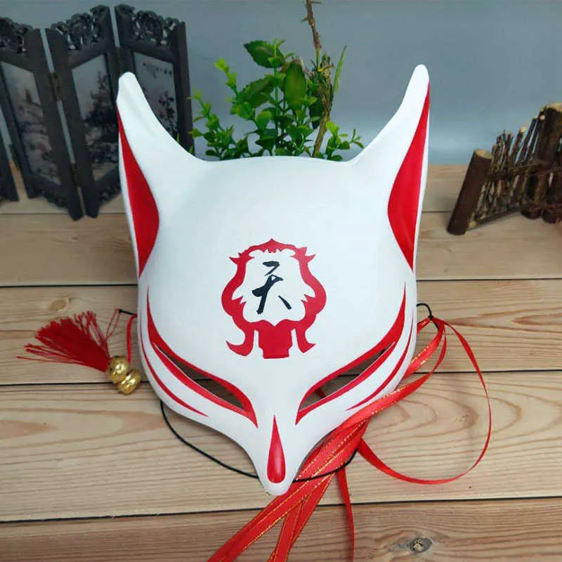 Maschere di volpe Anime giapponesi Cosplay Demone Kitsune Halloween Maschera a pieno facciale Masquerade Party Puntelli Maschere con campane e nappe Q0806