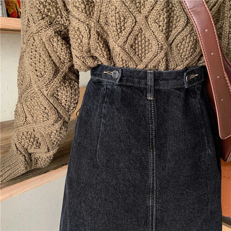 Mulheres Vintage High Wenist denim saia outono inverno coreano solto selvagem A-line Mid-bezerro longo ML242 210621