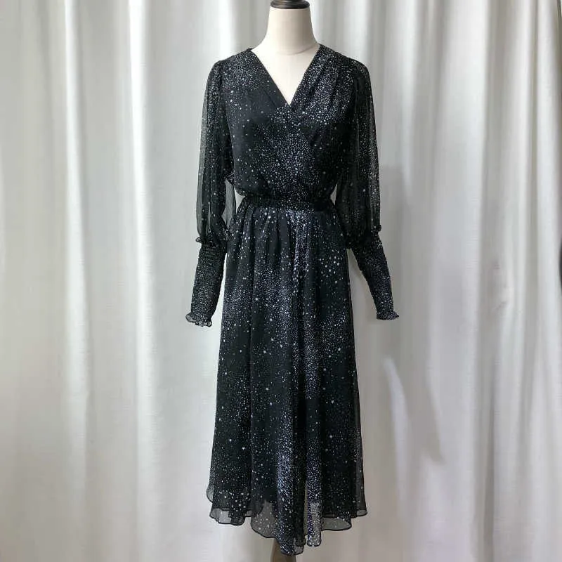 PERHAPS U Black Star Print V Neck Puff Sleeve Long Sleeve Full Sleeve Long Dress Maxi Dress Autumn D0611 210529