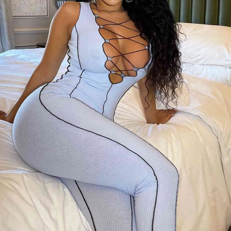 OMSJ High Street White Mouwloos Lace-Up Sexy Bodycon Sporty Jumpsuit Diepe V-hals Zomer Rompertjes Trendy Overalls Lange Broek 210517