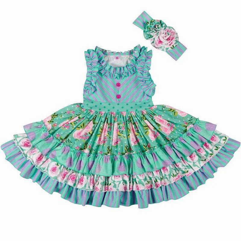 Baby Girl Dress Enfants es pour filles Green Stripe Floral Cake Princess Vêtements pour enfants 0-6Y E83080 210610