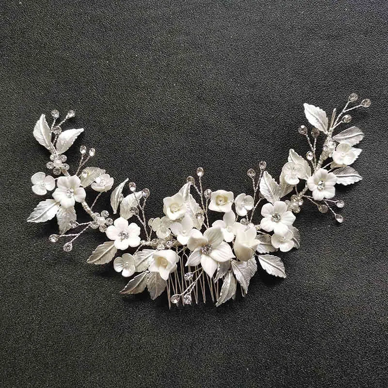 SLBRIDAL fait à la main cristal strass perles en céramique fleur peigne de mariée accessoires de cheveux de mariage demoiselles d'honneur femmes bijoux