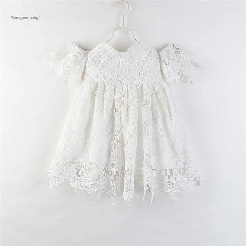 Gros été fille robe broderie dentelle hors de l'épaule blanc Flare manches princesse enfants vêtements E93007 210610