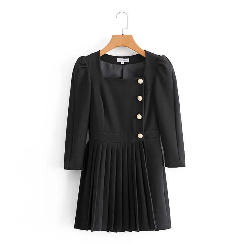 ZAブラックブレザードレス女性長袖パールボタンプリーツカジュアルショートドレス女性シックなエレガントな綿vestido 210602