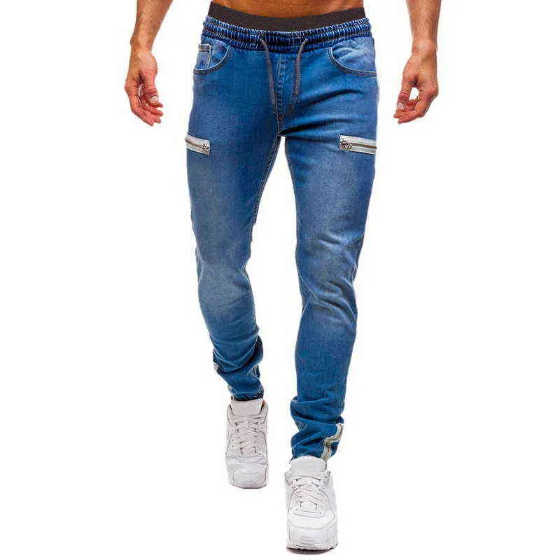 Męskie elastyczne spodnie cuffed spodnie casual sznurek dżinsy trening jogger spodnie sportowe spodnie dresowe mody suwak spodnie 211120