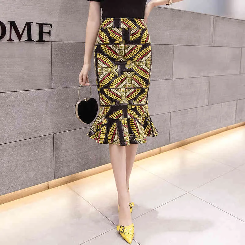 夏の女性のスカート韓国のレトロなスタイルストレッチプリントバストフィッシュテールオールマッチセクシースリム女性GX646 210507