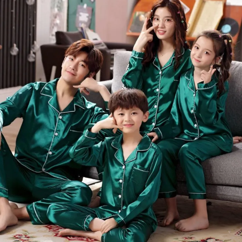 Family Pajamas Set Silk Satin Adult Women Kids Family Matching Clothes Children Female Sleep Two Piece Set Loungewear Plus 2103174408872