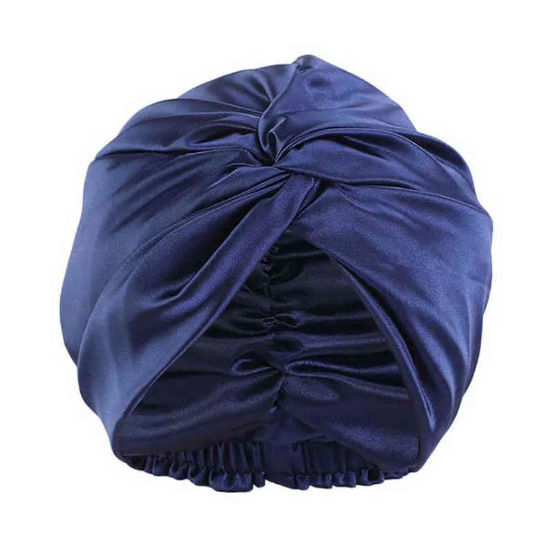 100% Double Silk Sova Cap Night Sova Cover för Kvinnor Med Elastisk Ribbon Hårvård Lång 211228