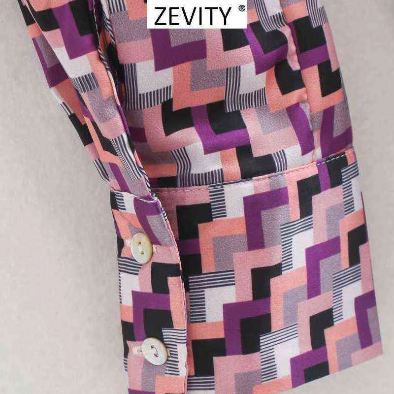 Zevenity nieuwe vrouwen vintage geometrische print casual sjerpen shirt jurk chique vrouwelijke lange mouwen geplooide vestidos feestjurken DS4157 Y1204