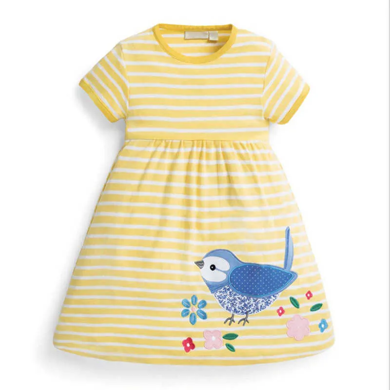 Prinsessan applique klänningar baby tjejer kläder sommar bomull stripe fågel flicka fest skola barn frock tutu klänning tjej 210529