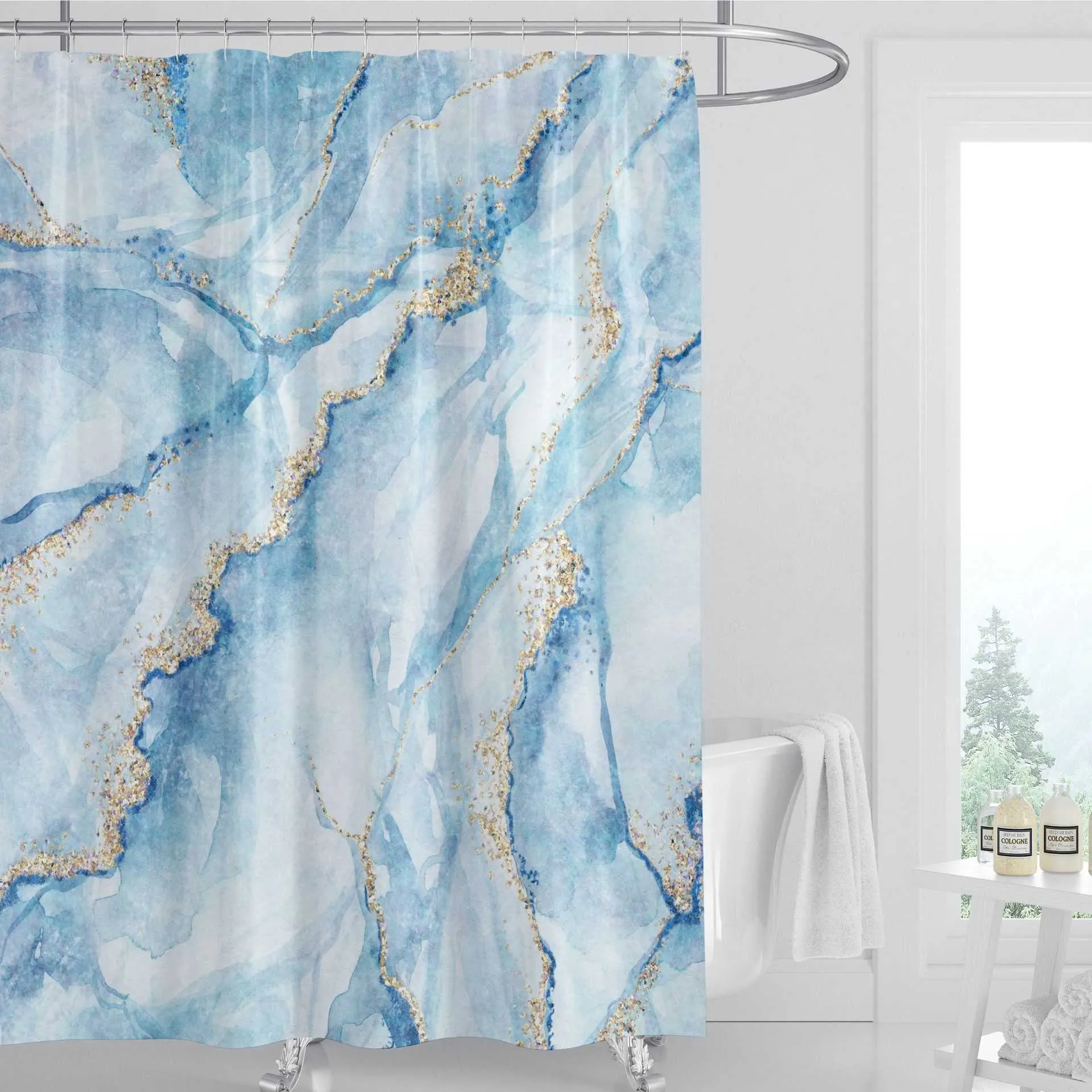 Rideau de douche à rayures bleues abstraites, peinture à l'encre, luxueuse texture de marbre liquide, salle de bains, décoration de maison, rideaux en tissu polyester 210609