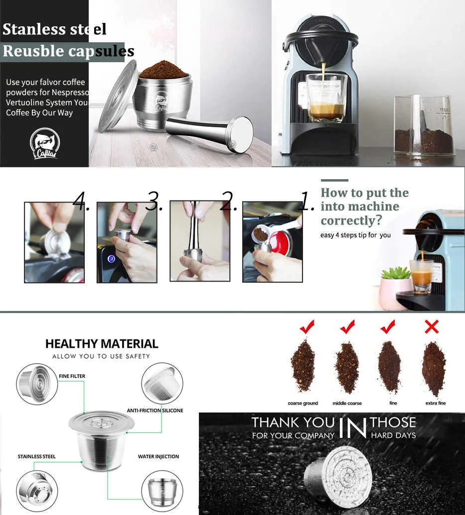 ICafilas für Nespresso nachfüllbare Kapsel wiederverwendbare wiederverwendbare Edelstahl-Kapseln Kaffeefilter-Pod Kaffee-Manipulationslöffel 210712