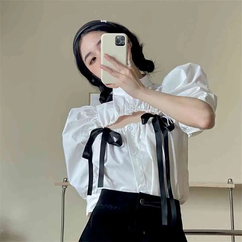 Ezgaga Sexy Vrouwen Blouse Koreaanse Fashion Puff Sleeve Hollow Out Solid Bowknot Chic Summer All-match Vrouwelijke shirts Casual 210430