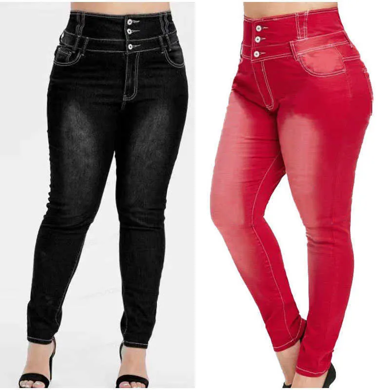 Плюс размер кнопки высокой талии тощий карандаш джинсовые брюки весенний корейский стиль растягивающие bodycon красные длинные брюки мама джинсы 210629