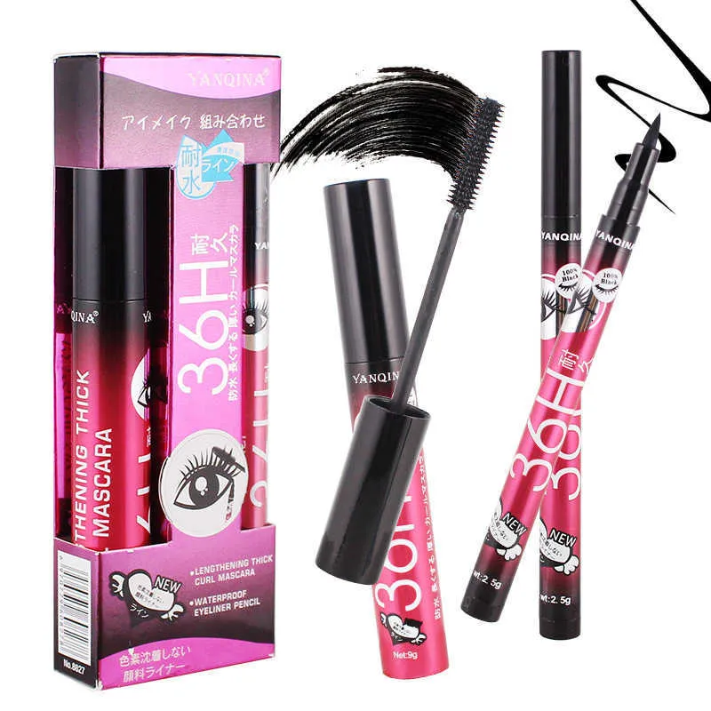 Czarny Mascara + Eyeliner Ołówek Makeup Zestaw Jedwabnych Włókno 2 w 1 Przedłużyć grube rzęsy Slim Grube Curling Waterproof Cosmetics Kit