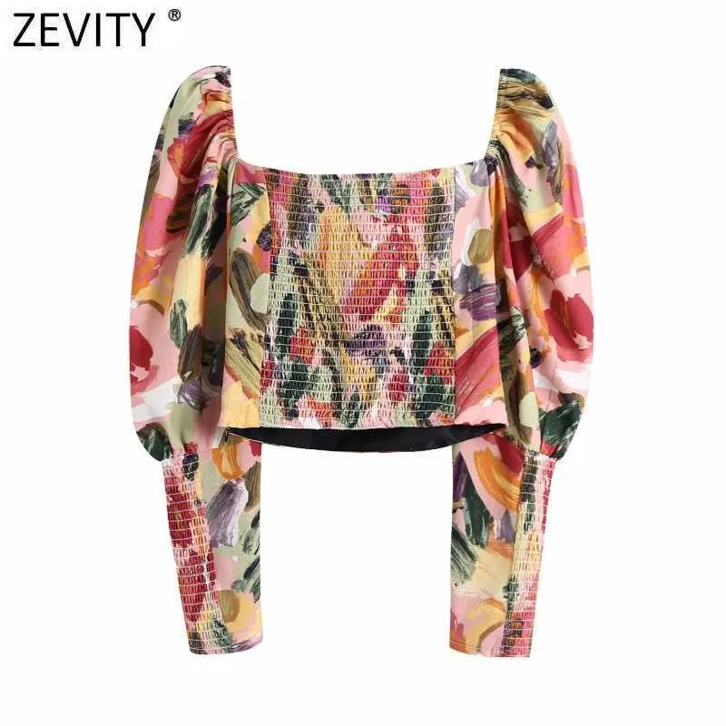 Zeefity Vrouwen Kleurrijke Graffiti Print Korte Shirt Femme Plooid Puff Sleeve Elastische Casual Slanke Blouse Roupas Chic Tops LS7697 210603