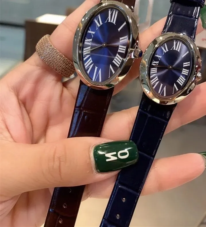 32 mm 39 mm Echtleder-Quarzuhr, Saphirglas, weißes blaues Zifferblatt, Baignoire-Armbanduhr für Damen und Herren, ovale Uhr der berühmten Marke