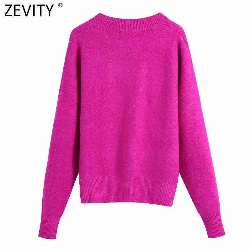 Zevity Women Simply V Neck Soft Touch Casual Purple Knitting Sweater Female Chic Basic Long Sleeve Pullovers Brand Tops SW901 211217