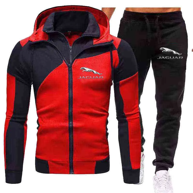 2021 Autumn New Men's Brand Printed Sportswear 2-Piece Outdoor Men's Street Fashion Zipper Hooded Windproof Running Sports Suit G1217