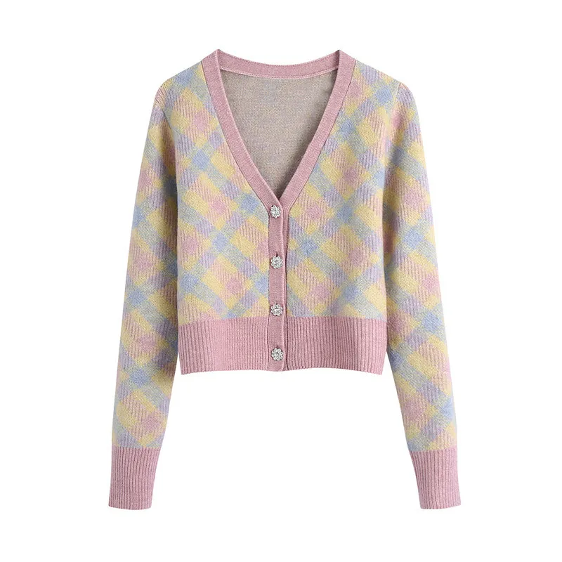 BLSQR Dames Plaid Gebreide Cardigan Sweater Vintage Lange Mouw Button-Up Vrouwelijke Bovenkleding Chic Tops 210430
