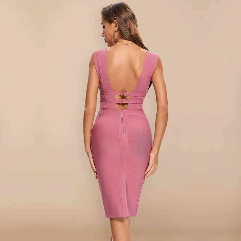 Beauey Summer 2020 Kobiety Wytnij Sexy HL Bandage Dress Bodycon Głębokie V Neck Różowy Sukienka Wieczór Maxi XL Party Vestido Długość kolana G1214