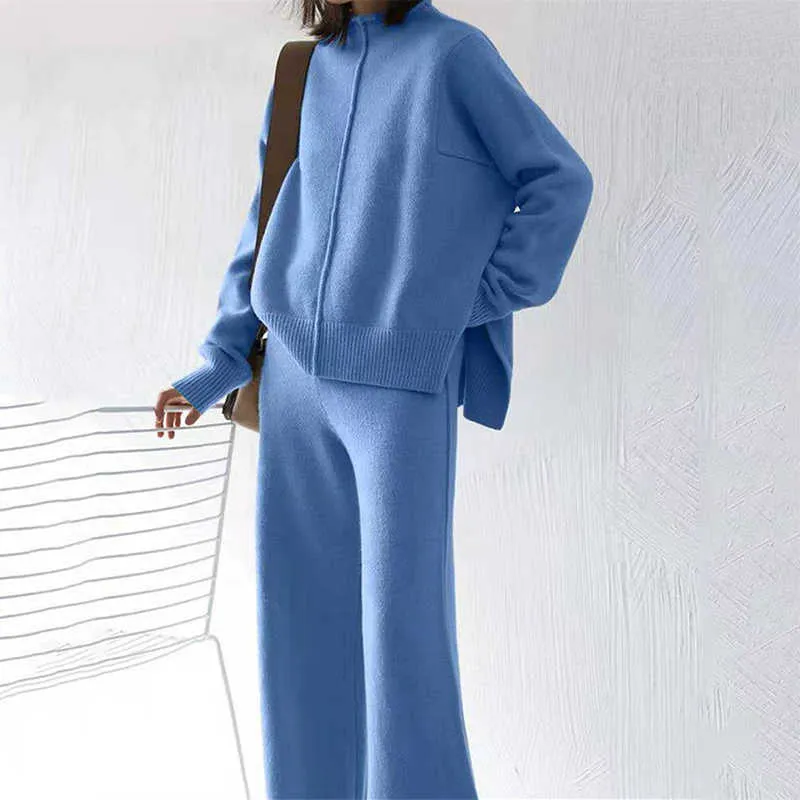 Höst Vinter Enkel Solid Office Lady Set Lös Varm Strikkad Outfit Fashion Turtleneck Pullover och Wide Leg Pants Suit 210930