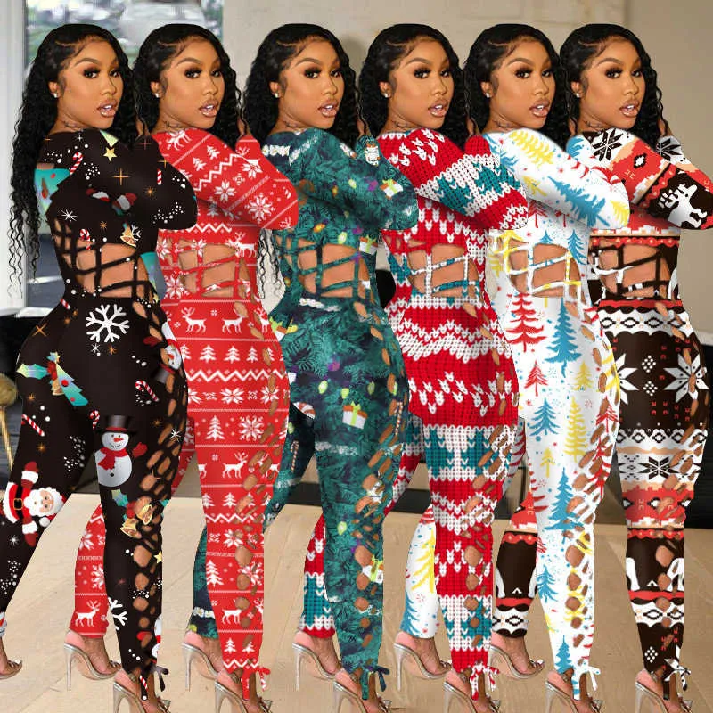 Jumpsuits For Women Christmas Printed Rompers Fashion Long Sleeve Hollow Out Bandage Bodysuit Pajama Sets Clubwear Plus Size 5XL