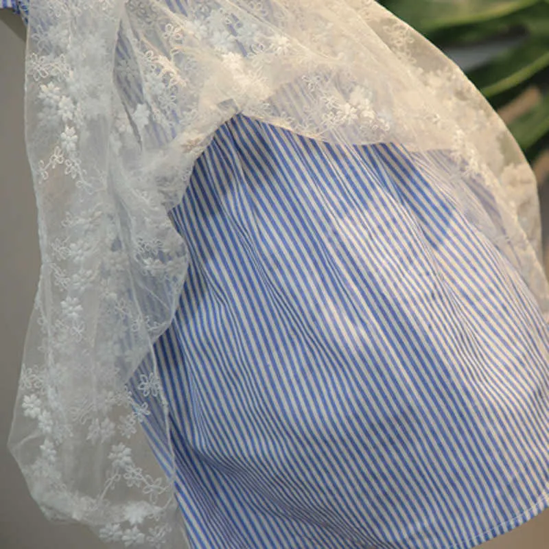 Robe de filles d'été Stripe dentelle coréenne faux deux manches volantes fête princesse enfants bébé enfants filles vêtements 210625