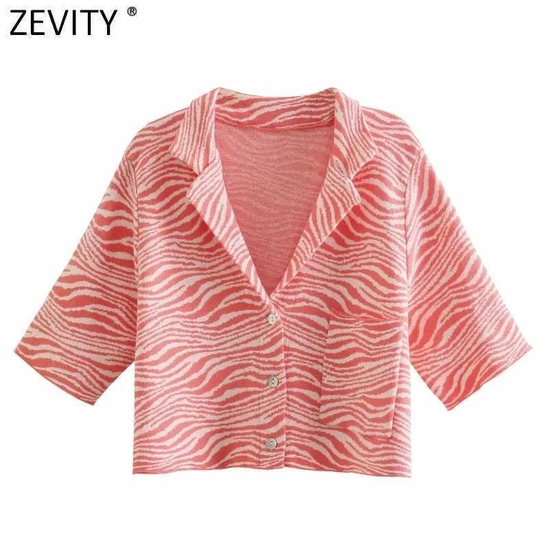 Zevity Women Animal Striped Print Short Jacquard Shirt Office Lady Pocket Bröstblomma Chic Sommar Retro Crop Tops LS9308 210603