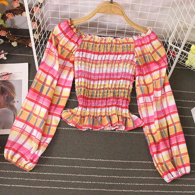 Autumn Product Plaid Print Striped Shirt All-match Sexy One-line Collar Off-shoulder Slim Puff Sleeve Top UK040 210506
