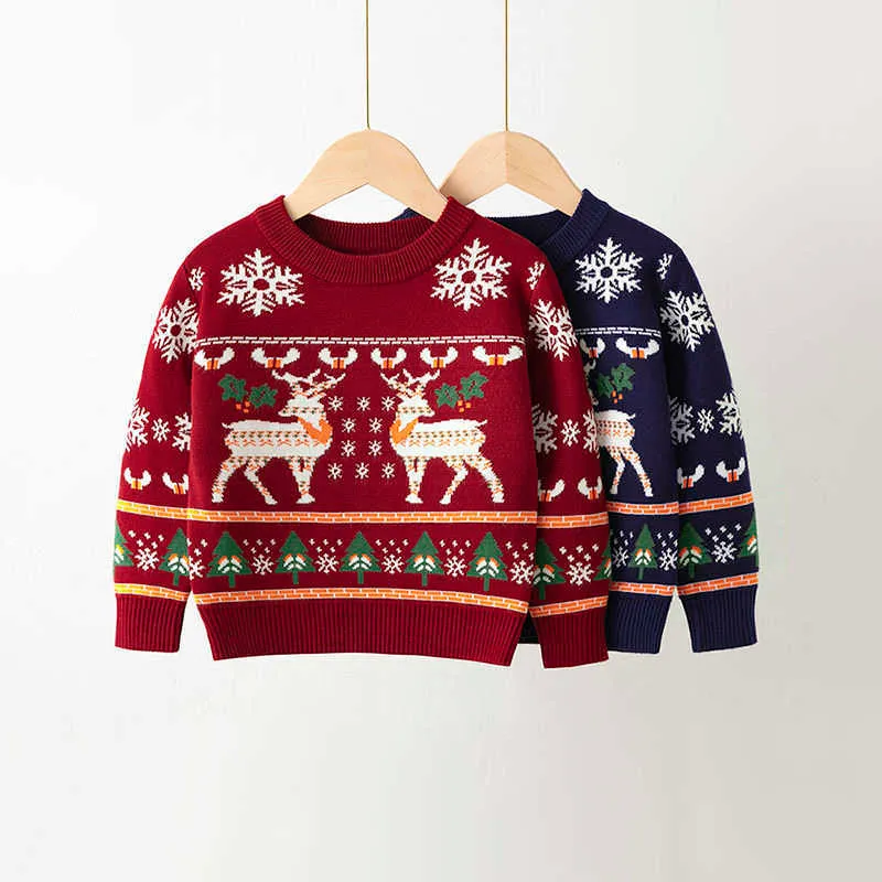 Christmas Sweater For Boys and Girls Knitted Clothes Pullovers Red Christmas Tree Snow Deer Children's Clothing Knit Sweaters Y1024