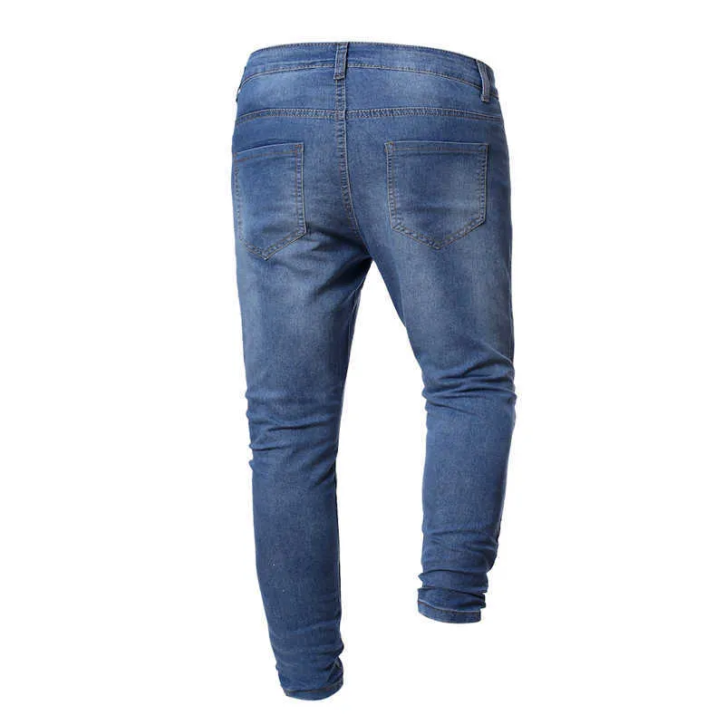 European Size Mäns Denim Trousers Streetwear Slim Button Zipper Front Rak byxor exkl Belt x0621