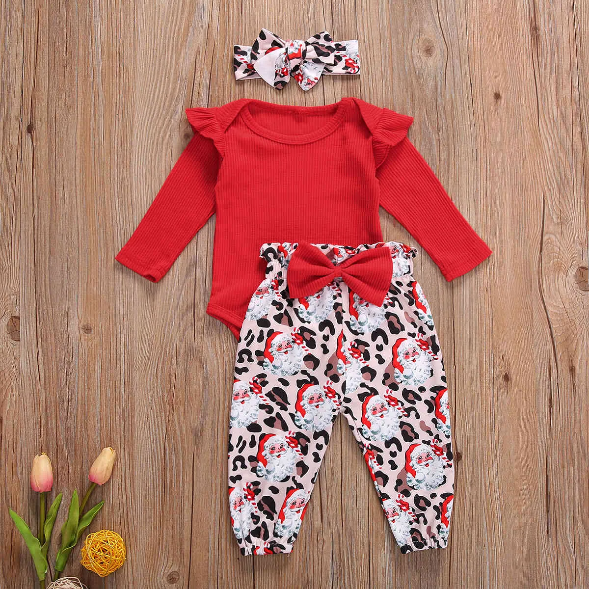 0-18M Рождественские рождественские младенческие девочки для девочек одежда набор красный вязаный ползунок лук санта леопардовые штаны наряды 210515