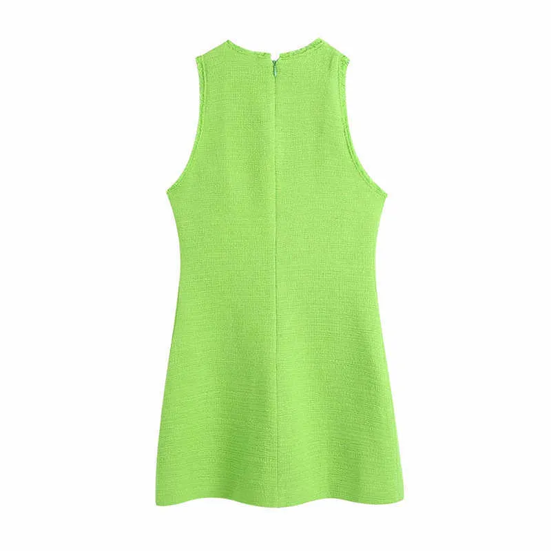 ZA Summer Textured Weave Mini Dress Women Vintage Sleeveless Tweed Office Lady Dresses Chic Back Zip Woman Fit Green Dress 210602