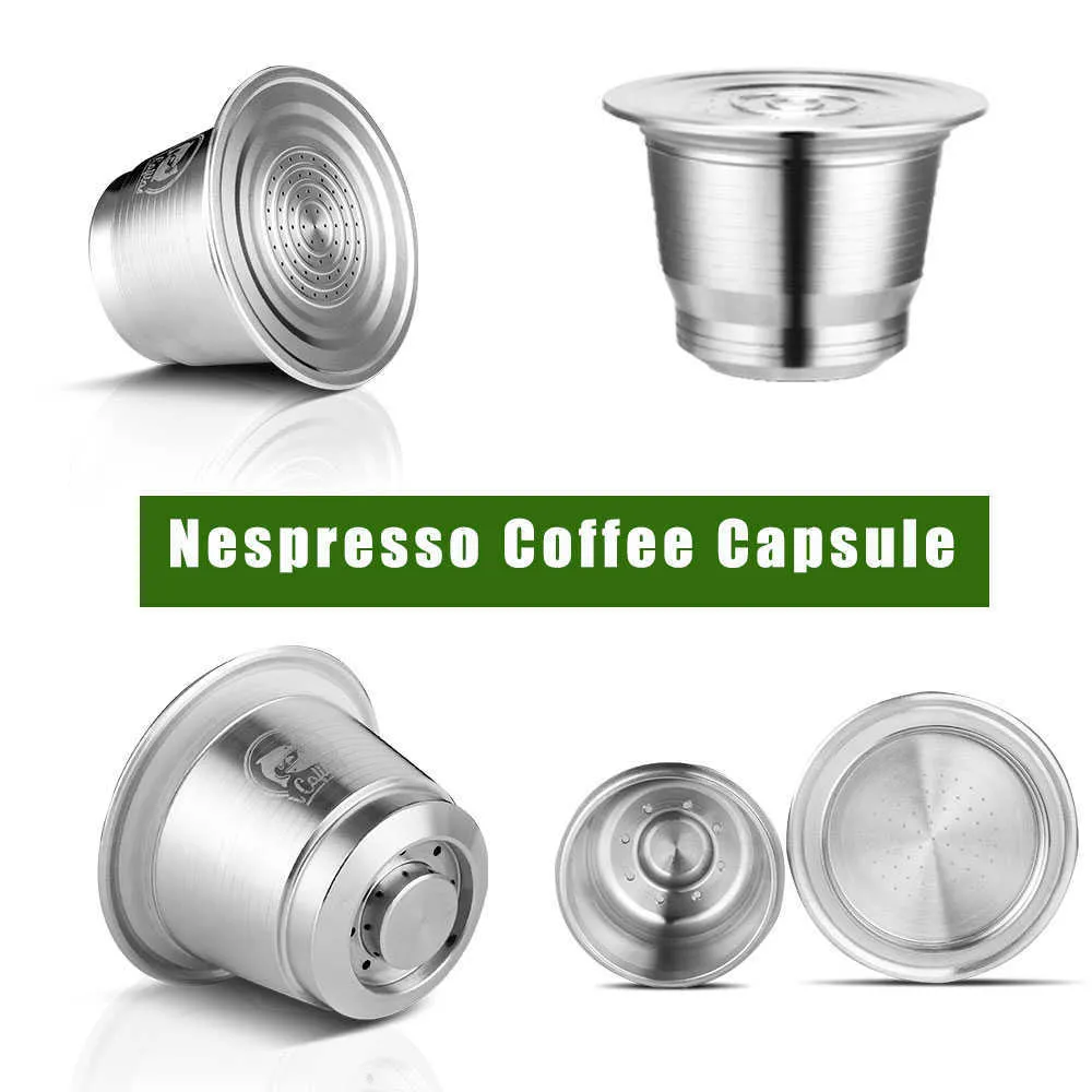 iCafilas For Nespresso Refillable Capsule Reutilizable Stainless Steel Reusable Capsules Coffee Filter Pod Coffee Tamper Spoon 210712